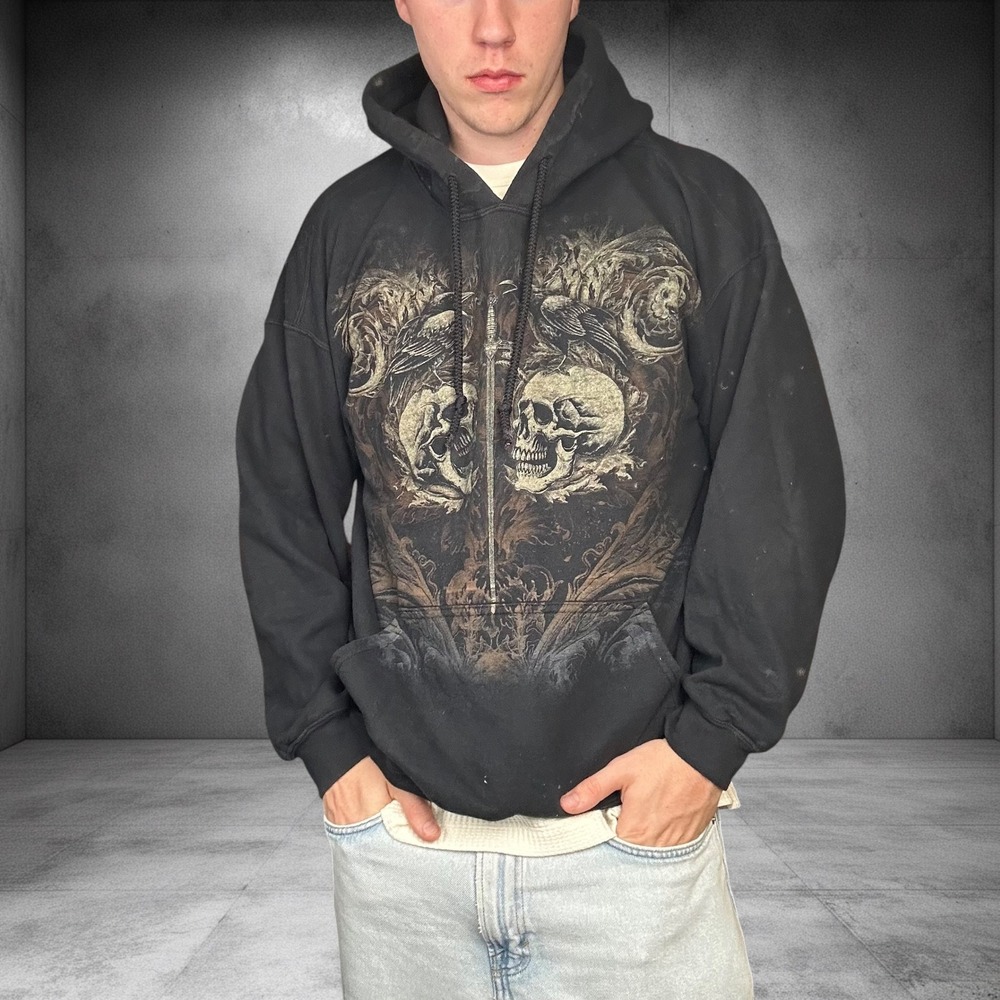 Vintage Y2K Skull Raven Graphic Hoodie Black Boxy Fit Grunge Skater Streetwear